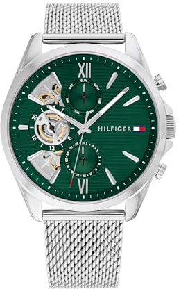 Tommy Hilfiger Orologio Analogico Multifunzione al Quarzo da Uomo con Cinturino in Maglia Metallica in Acciaio Inossidabile Argentato - 1710647