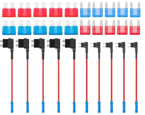 HUAZIZ 10 Pezzi Portafusibili a Lama Kit, Add-a-Circuit Fusibili Tap Standard/Mini, Rubacorrente di Auto,Add A Circuito Fuses Tap Fuse Adapter con Fusibili Lamellari 10A 15A