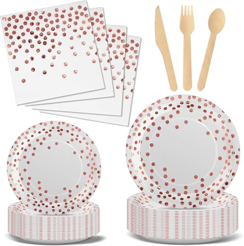 Nkaiso 144 Pcs Or Rose Assiette Jetable Anniversaire -25 invités | Vaisselle Party Inclut Assiette Carton Jetable, Gobelets, Serviettes, Couverts pour Mariage, Anniversaire, Cérémonie