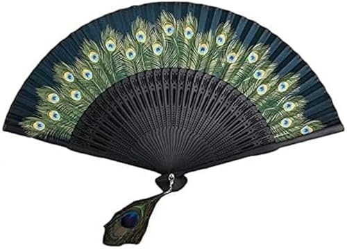Yoeoefuo Handfächer Klappfächer Chinesischer Pfauenmuster Seide-Fächer Faltbarer Manueller Fächer Tragbar Facher Taschenfächer Für Dekoration Hochzeit Geschenk(Grün)