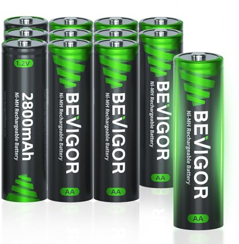 BEVIGOR 12 Batterie Ricaricabili AA 2800mAh 1.2V, Batterie NiMH AA Ad Alta Capacità, Precariate