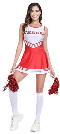 Generisch Karneval Abiballkleider für Damen Damen-Cheerleading-Outfit, Gymnastik-Outfit, fünffarbig, ärmellos, Fußball-Baby-Cheerleading-Kleid (Red-2, L)
