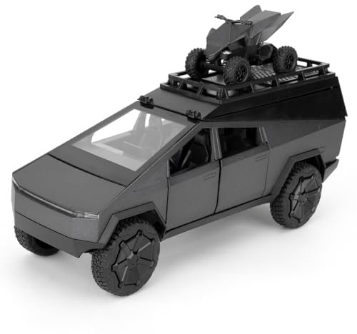 TGRCM-CZ 1/24 Tesla Cybertruck Electric Pick-Up Model Car Camping RV with Motorcycle, Zinc Alloy Pull Back Toy Car with Sound and Light for Kids Boys Girl Gift (Gray)