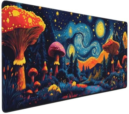 Sternennacht Pilz Mauspad,Large XXL Mouse Pad 700x300x3mm Tastatur Matte, Vernähte Kanten WassXerdicht Anti-Rutsch Mauspad,Erweiterter Schreibtisch Schutz Mauspad für Geschenk Weiblich Office k-329