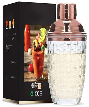 QIUYMGFG Shaker per Cocktail Kit Cocktail Shaker per Cocktail in Vetro Martini Mocktail Set con Tazza di Vetro con Motivo Intrecciato e Coperchio in Acciaio Metallico a Tenuta stagna(A-Rose-Gold)