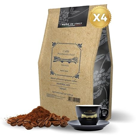 Caffè Macinato Americano 4x250g - Miscela Artigianale 80% Arabica 20% Robusta - Per Filtro - Gusto Delicato con Note di Cacao Vaniglia e Frutta Secca Made in Italy - CAFFÈ PONTEVECCHIO FIRENZE