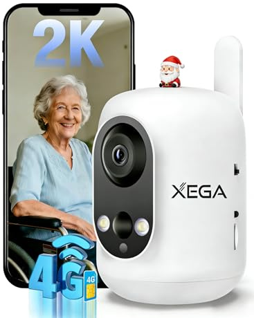 Xega 4G LTE Überwachungskamera mit SIM Karte Ohne WLAN,2K Kabellose Kamera | Innen Kamera für Babys/Haustiere/Senioren, 355°P/60°T,6000mAh Akku, Farb-Nachtsicht,PIR Kennung, TF/Cloud,Nicht Wasserfest