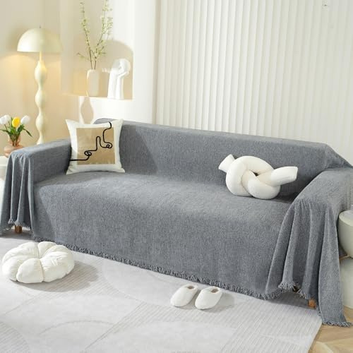 SHANNA Einfarbig Sofa Überwurfdecke 1/2/3/4 Sitzer, Chenille Ganzjährig Nutzbar Sofabezug L Form U Ecksofa Große Sofa Überzug, Vielseitige Sofaüberwurf Couch Überzug Sofa Cover Futonbezug mit Quaste