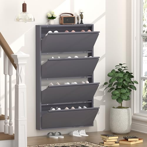 GREATMEET Schwarzer Schuhschrank für den Eingangsbereich, schmaler Schuhschrank für den Eingangsbereich, an der Wand montierter Metall-Schuh-Organisator mit 4 Flip-Schubladen