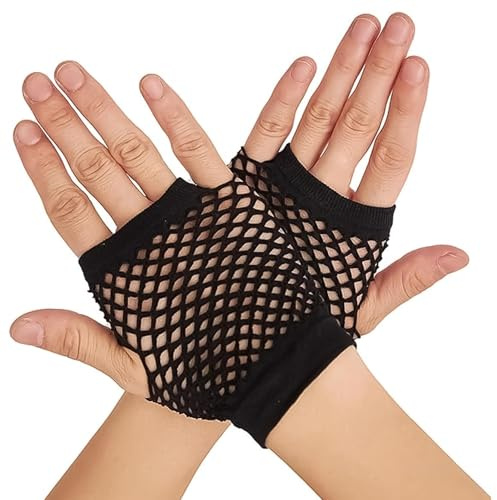 RGEVGER Guanti a rete neri, guanti in rete senza dita, stile retrò vintage, in nylon elasticizzato, stile corto anni '80, per balli di bambini e ragazze, accessori per feste in costume da discoteca