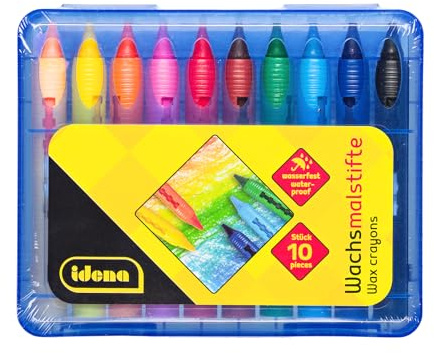 Idena 20218 - Pastelli a Cera in Astuccio Scorrevole con Funzione a Incastro, 10 Pezzi in Colori Vivaci, pastelli a Cera Impermeabili in Scatola di plastica richiudibile, per Bambini dai 3 Anni in su