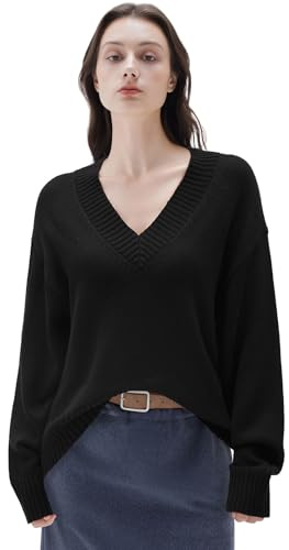 SUUKSESS Women Cashmere Oversized Sweaters V Neck Pullover Tops Fall Winter Long Sleeve Jumpers (Jet Black,M)