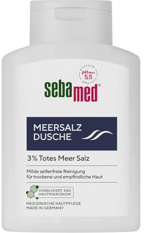 SEBAMED Gel douche au sel de mer 200 ml pour hommes et femmes, avec sel de mer mort original, nettoyage sans savon pour peaux sensibles et sèches