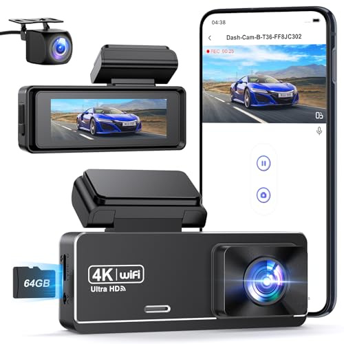 PENEMAY Dash Cam Front and Rear 4K+1080P, Dash Cam with Free 64GB SD Card, 2.99” IPS WiFi Dashcam, Superb Night Vision Dash Camera for Cars, 24H Parking Mode, G-Sensor, Loop Recording Car Camera
