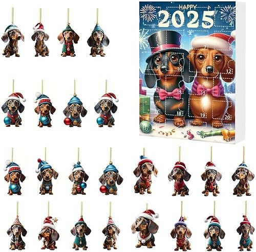 Dackel Adventskalender 2025, Hunde Adventskalender Weihnachtskalender 2025, 24 Tage Acryl Hunde Weihnachtsschmuck Kalender, Weihnachtsgeschenke Für Hundeliebhaber