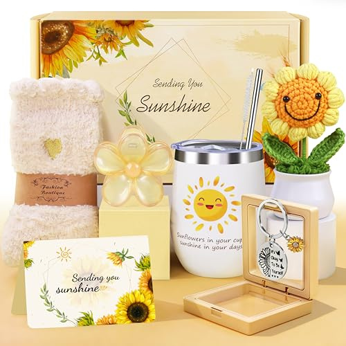 LIVEHITOP Geschenke für Frauen, Sonnenblume Geburtstagsgeschenk für Frauen | 7PCS Geschenkset Inklusive Thermobecher Geschenk Freundin Geburtstag Entspannung für Freundin, Schwester, Mama