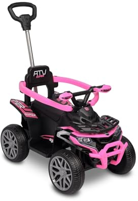 TOYZ - Coche eléctrico para niños - Portabebés - Tipo Quad con Barra de Empuje, Sonidos, Luces, Asiento de Cuero sintético, Ruedas de Espuma EVA - Juguete para bebés y niños - Movix Rosa