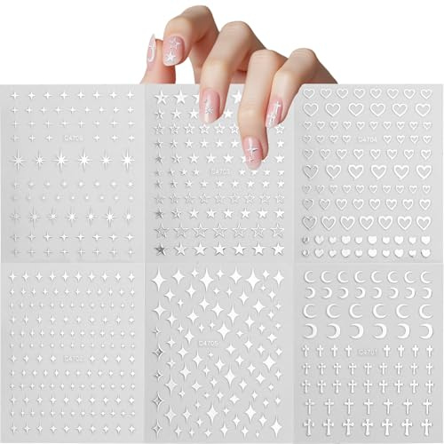 6 Blatt Nagelsticker Set, 3D Stern & Metallic Design, Flüssige Silber Nagelaufkleber mit Kreuz, Herz & Ornamenten, Selbstklebende Nail Art Sticker für Damen, Einfach & Vielseitig