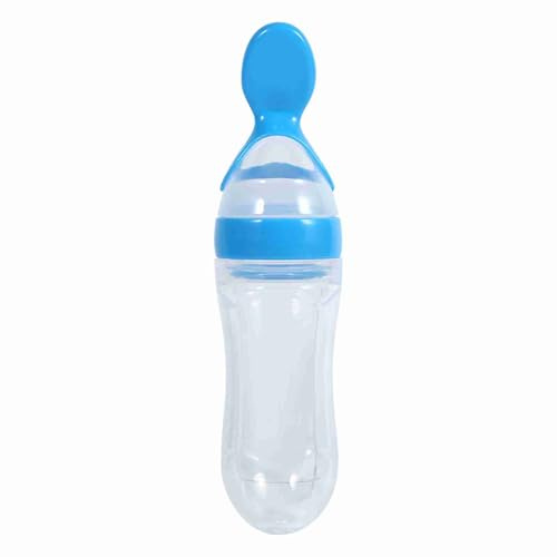 Jxngery 1 biberón de silicona de 90 ml para bebés y niños pequeños con cuchara, alimentador exprimidor de cereales para alimentos frescos, caliente (Azul)