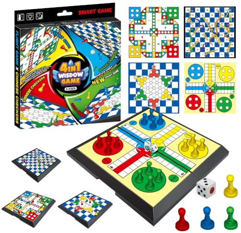 Travel Board Games, 4-in-1 Board Games Set of 4 Checkers, Ludo Game, Flying Chess, Snake and Ladder - Portable Tabletop Game for Kids & Family Travel Chess Set- Ages 6+