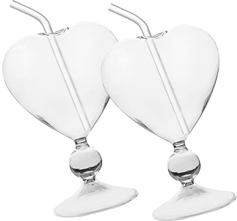 SWETRACE 2 Set Bicchieri Cuore Trasparenti per Cocktail con Cannucce Bicchieri Forma di Cuore Eleganti per Feste Matrimoni e Banqueting Vetro Liscio e Facile da Pulire