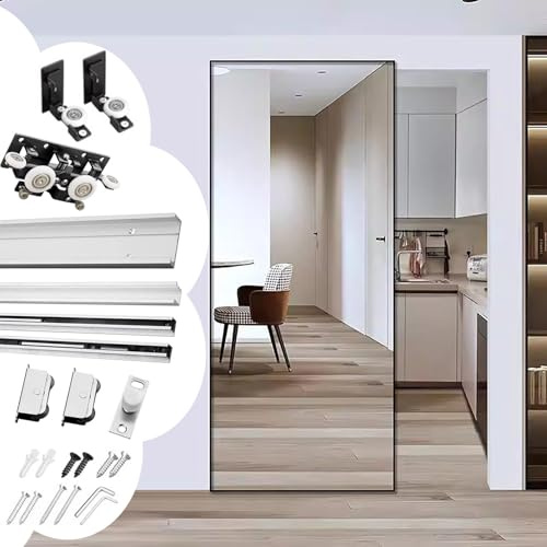 Rail Porte Coulissante Rail Invisible pour Porte Coulissante à Miroir 80, 120, 150 ou 180 cm, Rail Invisible pour Porte de Placard, Guidon pour Porte Escamotable avec Fermeture Amortie(51in(129.5cm))
