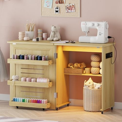 Nähtisch klappbar mit Ladestation und Led Beleuchtung,Holzfarbe