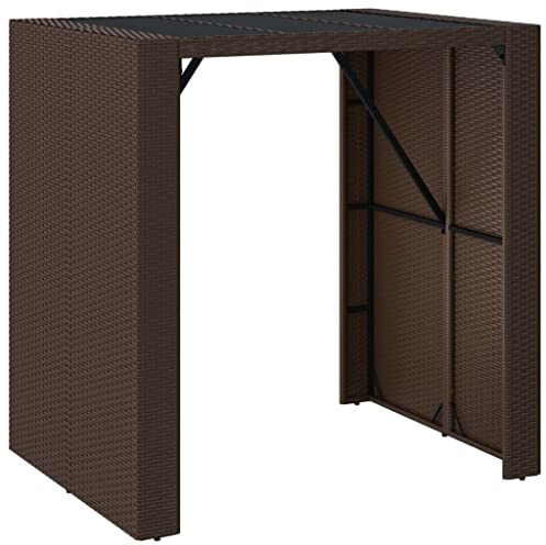 Foknhdi Bartisch Braun 105x80x110 cm Poly Rattan mit Glasplatte Modernes Design Robuster Stehtisch für Balkon Garten Terrasse Camping Outdoor