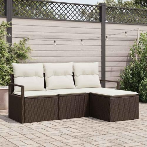 kithwjll Braunes Poly Rattan Sofa Set 4 teilig modular mit Mittelblock, Armsofas und Hocker, UV beständig, für Garten Terrasse Balkon und entspannte Sommerabende