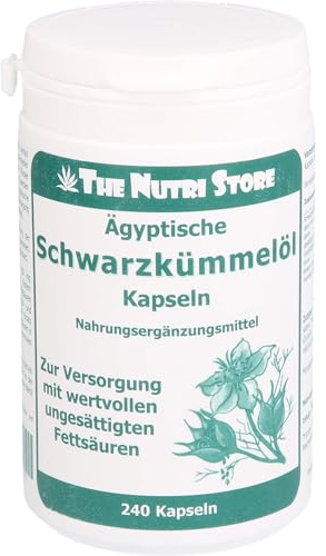 Schwarzkümmelöl Ägyptisch Kapseln 240 Stk. - Nigella sativa kalt gepresst - 1500-3000 mg pro Tagesdosis - 1 Monatsvorrat - The Nutri Store - Made in Germany