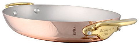 Mauviel M'150 B Ovale Pfanne aus poliertem Kupfer und Edelstahl, 1,5 mm, mit Messinggriffen, 35,1 cm, hergestellt in Frankreich