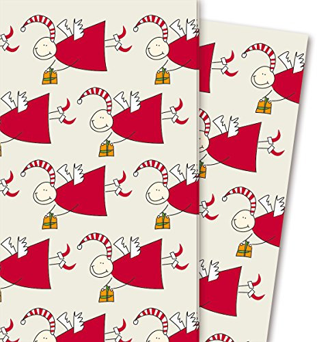 Lustiges Weihnachtspapier/Geschenkpapier mit vielen Engeln, beige (4 Bögen, 32 x 48 cm) Dekorpapier, Papier zum Einpacken, für tolle Geschenk Verpackung und Überraschungen