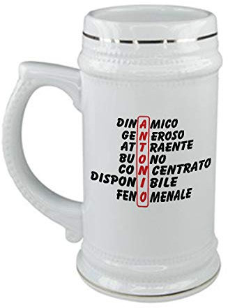 bubbleshirt Boccale da birra Compleanno - Antonio e aggettivi simpatici - evento - in ceramica - capienza 50 cl - idea regalo