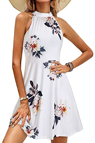 OUGES Sommerkleid Damen Knielang Neckholder Kleid Sommer Blumenmuster Elegant Cocktailkleid(Floral09,M)