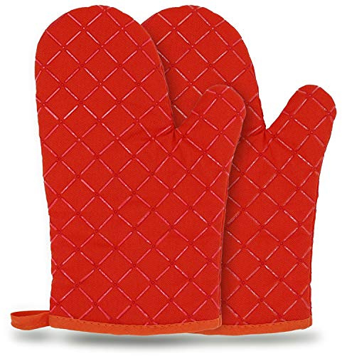 Oven Gloves,Heat Resistant Silicone Oven Gloves Non-Slip Kitchen Oven Mitts for Grilling Cooking Baking Kitchen Microwave Pizza (Red)