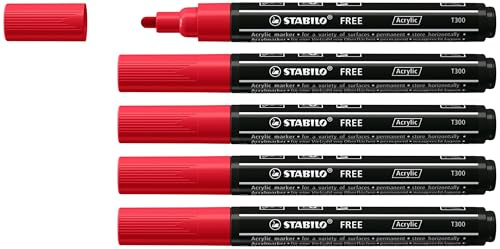 STABILO - Acrylmarker - FREE Acrylic T300 | Strichbreite 2-3 mm, 5er Pack, karmin