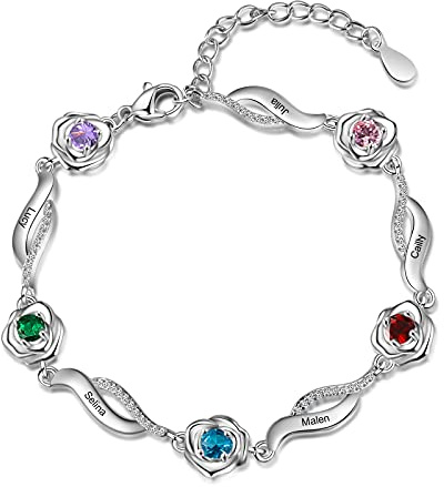 ALBERTBAND Personalisiertes Rosen Blumen Armband mit 1-6 Namen und Simulierten Geburtssteinen Silberne verstellbare Charms Armbänder für Frauen Frau Mädchen Valentinstag Weihnachten