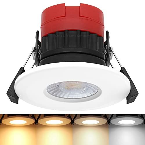 Long Life Lamp Company Fire Rated Downlight Dimmable LED 8W Colour Switching CCT 2700k Warm, 3000k Warm White, 4000k Cool, 6000k Daylight, IP65 Recessed Ceiling Lights White Finish