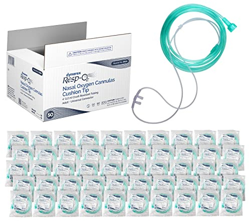 Dynarex Nasal Cannulas for Oxygen Therapy - 4' Crush Resistant Oxygen Supply Tubing for Adults - Soft Cushion Tip Universal Connector - 50 Per Case