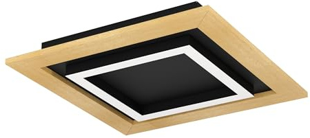 EGLO LED Deckenleuchte Tirrenara, quadratische Deckenlampe | dimmbar mit Fernbedienung, Lampe Decke aus Holz, Metall in schwarz und Kunststoff in weiß, FSC100HB, Deckenbeleuchtung