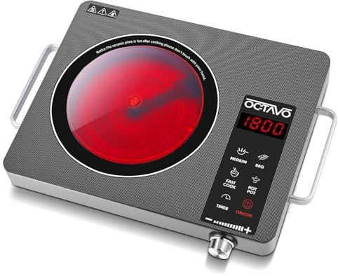 OCTAVO 1800 Watt Portable Infrared Burner, electric burner with 4 Hours Timer, Electric Hot Plate Touch Control Panel Adjustable Heating Power, Glass Cooktop for Cooking