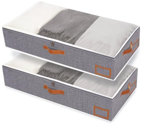 Yawinhe 48L Unterbett Aufbewahrungsbox,2 Stück Unterbettkommode,Grau | Unterbett-Aufbewahrungstasche mit Klarem Fenster,Kleideraufbewahrung mit Classification Card Slot,Aufbewahrung Kleidung
