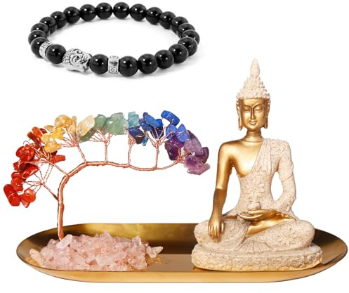 Carselage Buddha Statue and Crystal Tree, Yoga Meditation and Zen Decor, Sitting Statue of Sakyamuni in Thailand(4.3 in), for Office, Desktop, Spirit Room Home Decor
