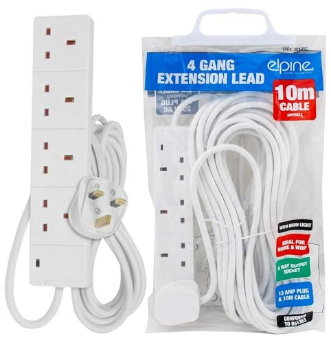 New 4 Way, 10 Metre Extension Lead - Cord, Cable Electric Mains Power Socket Plug Amp | UK Plug 3 Pin Socket Outlet | Ideal For Emergency Use