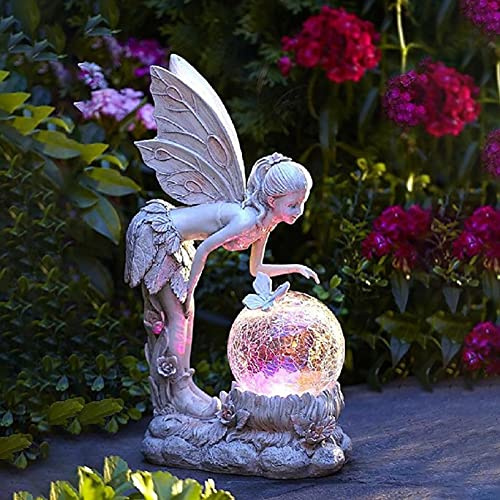 Demiawaking Gartendeko Angel Elf Figur mit LED Solar, Solarleuchte für Außen, Wasserdicht Gartenfiguren Elf Skulptur Fee Garten Statue, Deko Lampe für Outdoor Indoor (Bunt Licht)