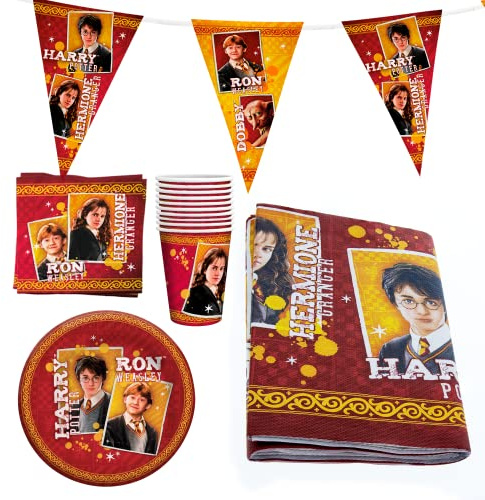 Party Factory `Harry Potter´ Party-Set Einweggeschirr, 10 Becher, 10 Teller, 20 Servietten, 1 Tischdecke und 1 Wimpelkette