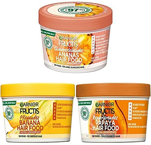 Fructis Hair Food Masken 3-er Kollektion, pflegende 3in1 Haarmasken Ananas, Banane und Papaya, Vegane Formeln mit natürlichen Inhaltsstoffen für mehr Glanz und Geschmeidigkeit