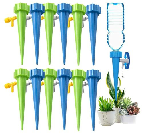 FaJoek Riego por Goteo Automático, 12pcs Sistema de Riego Ajustable,Riego Goteo Botella, Riego por Goteo Automático Kit, Dispensador Agua Plantas, Irrigación Para Bonsáis (Azul verde)