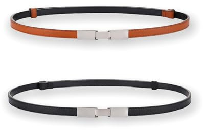Women's Belts Skinny Soft Genuine Leather Belts Adjustable Slim Waist Belt Silver Metallic Plaque Buckle Waistband