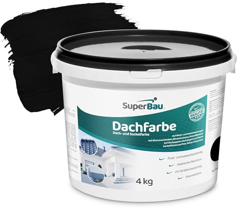 SuperBau Dachfarbe Schwarz (4 kg ca.10m²) Sockelfarbe WASSERDICHT, Fassadenfarbe für Außen, Dachbeschichtung für Blechdach, Bitumen, Dachpappe, Schindeln, Putz
